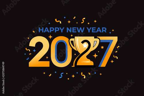 Happy New Year 2027 Typography with Golden Trophy Vector Illustration