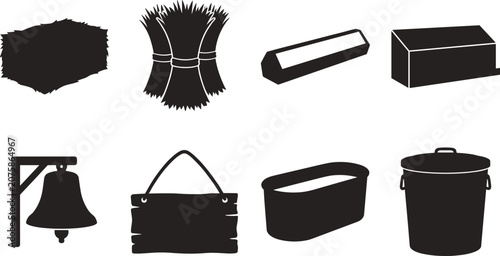 Foto Farm life and agriculture solid icons set featuring hay bale wheat bundle feedin