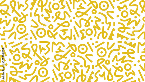 Doodle abstract vector pattern on Signal Yellow color on White background. Fun Signal Yellow doodle lines pattern