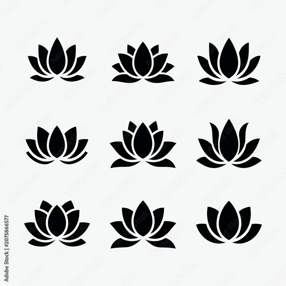 Fototapeta premium Lotus flower black icon set vector isolated on white background featuring elegant lotus plant symbols for yoga wellness spa meditation branding and decorative design