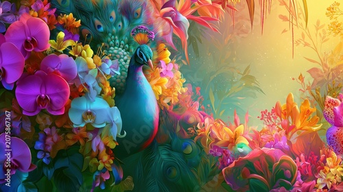 Vibrant Peacock Surrounded by Exotic Tropical Flowers in a Lush Fantasy Garden Background