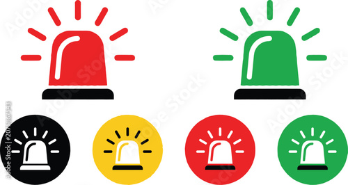 Emergency Siren Flashing Beacon Light Icon Set with Red Green Yellow and Black Alert Symbols for Security Safety and Alarm System Designs