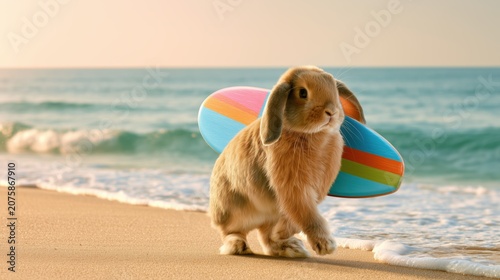 Cute Holland Lop Rabbit Carrying Colorful Surfboard Walking Along Tropical Beach at Sunset