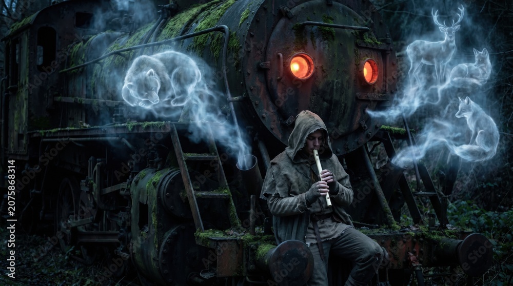 Fototapeta premium Lone cloaked figure plays magical pipe, conjuring spectral animal spirits by old moss-covered locomotive in enchanting forest.