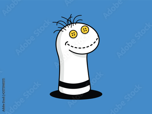 Cute Sock Puppet Illustration with Yellow Button Eyes and Smiling Face on Blue Background for Children Content