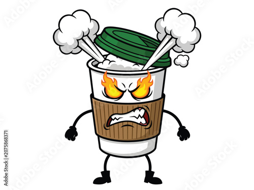 Angry Takeaway Coffee Cup Character Illustration with Fire Eyes and Steam for Caffeine Energy Concept
