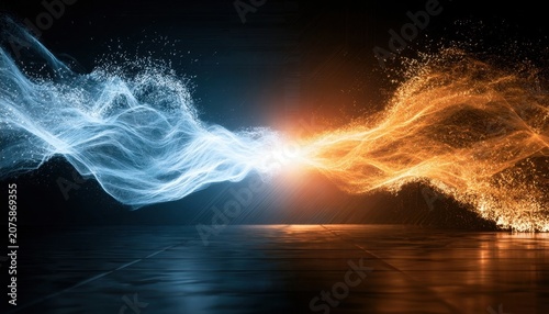 Blue and orange energy streams colliding over a dark reflective surface