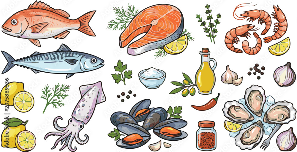 Obraz premium Generated on Hand drawn Set of seafood and gourmet sea food. Cartoon shrimps, fish, salmon, squid, mussels oysters and ingredients vector art on white background