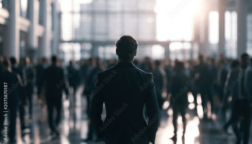 Fototapeta premium Businessman in suit walking through busy office lobby with blurred colleagues in