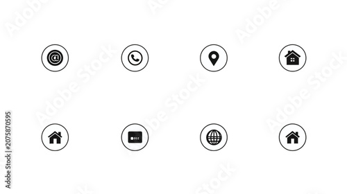 Minimalist Black and White Contact Information Web Icons Set. Communication, Location, Phone, Email, Home, and Website Symbols.