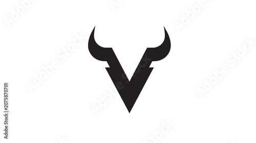 Modern minimalist letter V logo with bull horns, abstract black graphic symbol on a clean white background, design element.