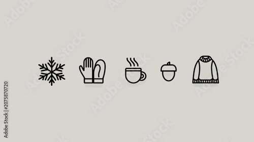 Cozy Winter and Autumn Seasonal Line Art Icons Set. Minimalist vector illustration of cold weather elements.