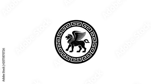 Elegant winged lion illustration in a round Greek meander pattern frame. Ancient mythological creature vector graphic.