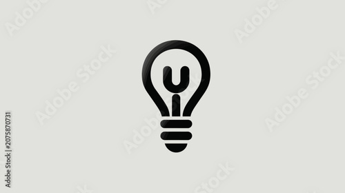 Black Light Bulb Icon on Grey Background - Idea, Innovation, Creativity, Solution, Inspiration Symbol, Minimalist Graphic Design Element