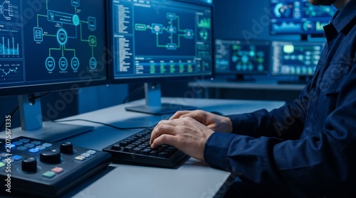 Obraz na płótnie IT Engineer Working On Computer Monitors Inside Network Operations Room