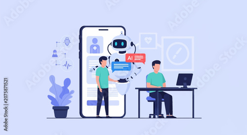 Vector illustration showing a white AI chatbot assisting a man in front of a large smartphone displaying a medical interface, featuring health icons, data charts, and desk work.