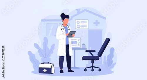 Vector illustration of female doctor in lab coat using digital tablet for home healthcare visit with stethoscope, medical kit, chair, and residential house icon background.