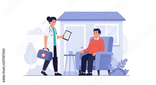 Vector illustration of a female doctor in a white coat with a stethoscope and medical bag visiting a male patient sitting in an armchair at home for a checkup using a digital tablet.