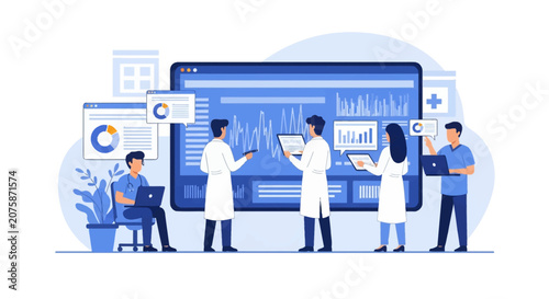Medical team of doctors and nurses analyzing patient healthcare data analytics and diagnostic information on a large digital dashboard screen with charts, graphs, and statistics.