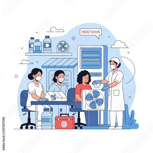 Vector illustration of healthcare workers in masks assisting people during an extreme heatwave using air conditioning, cooling fans, and bottled water at a medical cooling center.