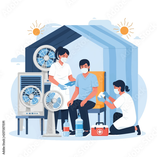 Flat vector illustration of healthcare workers in masks treating a man at a cooling station during extreme heat with electric fans, water bottles, and a first aid medical kit.