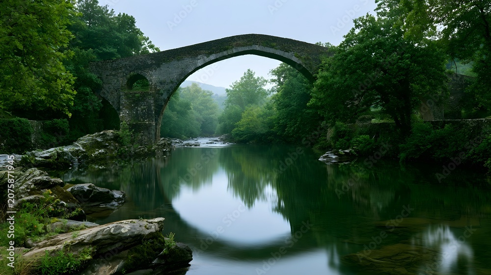 Fototapeta premium A historic natural bridge spans a river displaying sparkling reflections and smooth gradients that create a deeply tranquil atmosphere