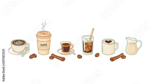 Assorted coffee drinks and snacks on a table with nuts and cups Vector