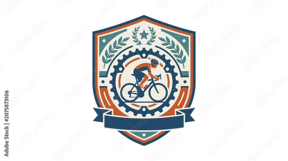 Obraz premium Sports cycling shield emblem with bicycle and laurel wreath.