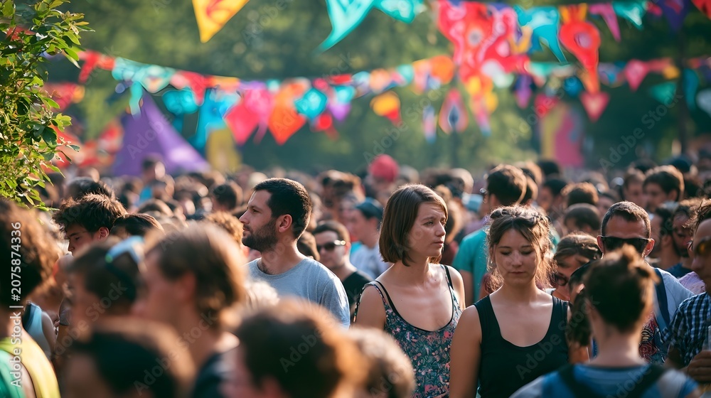 Fototapeta premium A vibrant close up view of a crowded music festival celebrating with colorful and playful motifs