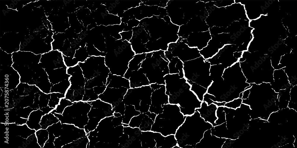 Fototapeta premium Abstract dark background featuring a dramatic high contrast texture of white cracked fissures and dry lines on a solid black surface.