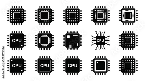 Photos Set of Black Silhouette Icons Representing Various Modern Computer Processor Chi