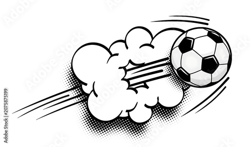 Soccer ball flies through the air leaving a trail of smoke as it moves rapidly across the frame.