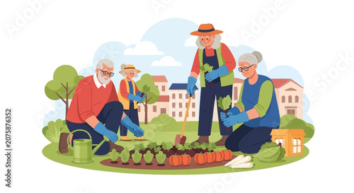 Senior citizens volunteering in an urban community garden, planting and harvesting organic vegetables like carrots and tomatoes in a park setting, flat vector illustration style.