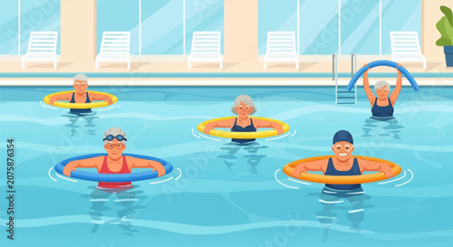 Vector illustration of senior citizens in a water aerobics class at an indoor swimming pool. Men and women use colorful noodles and rings for low-impact fitness and aquatic exercise.