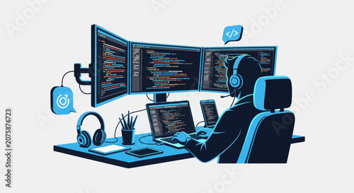 Vector illustration of a software developer programmer at a desk with triple monitor setup, laptop, and headphones, writing code in a blue flat style on a white background.