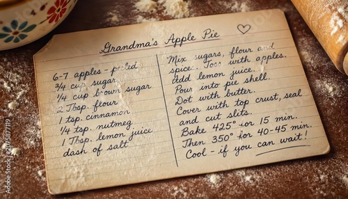 Vintage handwritten apple pie recipe card on a flour dusted wooden kitchen countertop with a rolling pin and mixing bowl in a warm home cooking setting