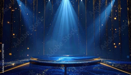 A stunning blue stage with golden glitter, spotlight, and dramatic lighting, perfect for awards or performances.
