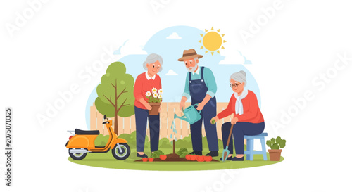Flat vector illustration of active senior citizens gardening outdoors. A man in overalls waters vegetables while two women plant flowers and tend to a tomato patch near an orange scooter.