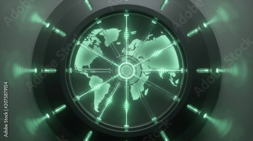 Emerald photonic spokes surround a luminous world map within a circular technology vault, symbolizing protected bandwidth routing and synchronized information exchange across international regions