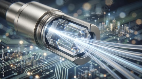 Precision optical connector channels brilliant light through a crystalline core above digital city circuits, representing ultrafast information transfer linking distant economic regions worldwide