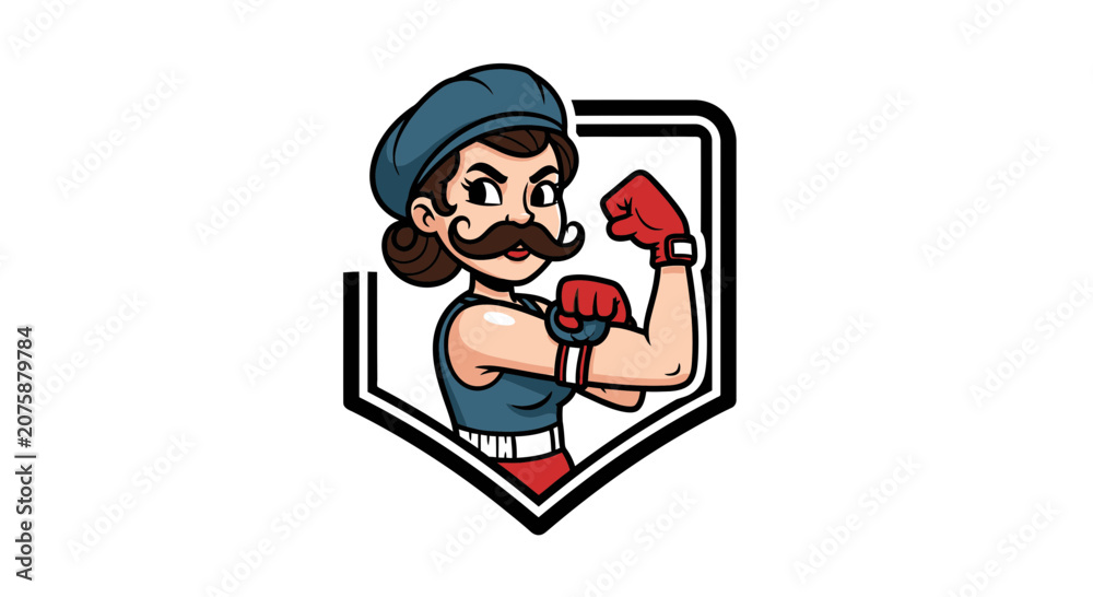 Fototapeta premium Strong Woman Boxer with Mustache and Beret, Emblem Badge