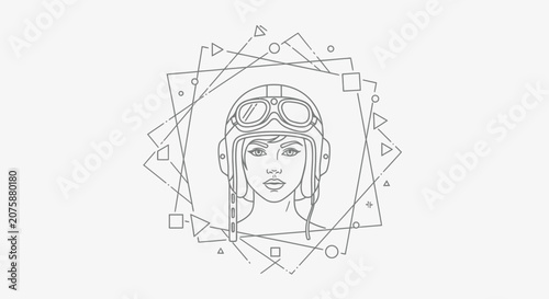 Retro Aviator Woman Portrait, Geometric Abstract Frame, Vintage Style Line Art