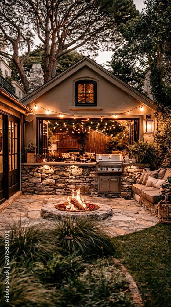 Obraz premium Cozy backyard oasis with stone fire pit, outdoor kitchen, and string lights for evening ambiance