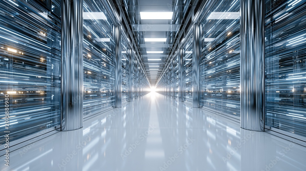 Fototapeta premium Futuristic illuminated corridor with reflective floor and glowing digital data streams