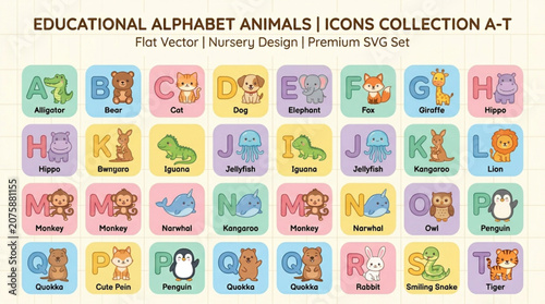 Educational Animal Alphabet Icons Set for Kids Nursery Design