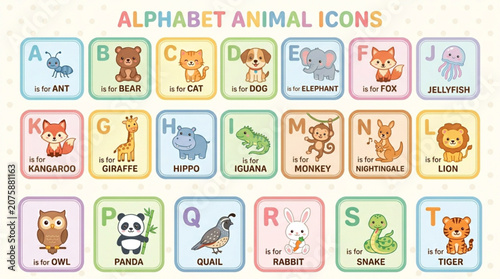 Cute Cartoon Animal Alphabet Icons Set for Kids Education Vector