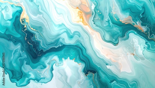 An abstract fluid art background with swirling colors of teal, aqua, white, and gold.