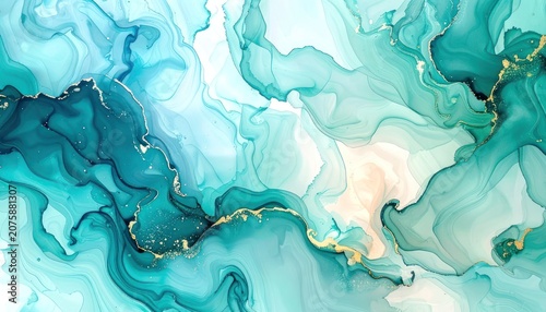 An abstract watercolor painting features flowing waves of turquoise, teal, and aqua hues with touches of shimmering gold.