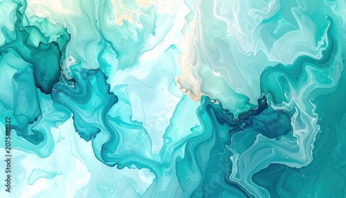 An abstract fluid art background with flowing waves of teal, turquoise, and white.