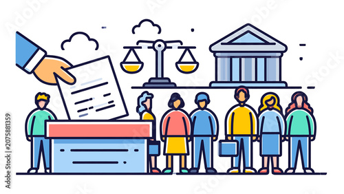 Flat Vector Illustration of Democracy Voting Process and Justice System
